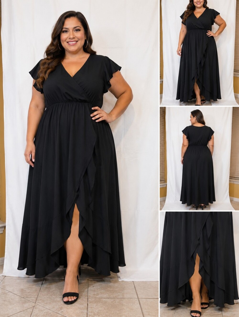 GREZEBELLE Black Maxi Dress XL Ruffle Sleeve Wrap Front Flowy